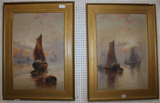 Pair  of oil fishing boat scenes(-)